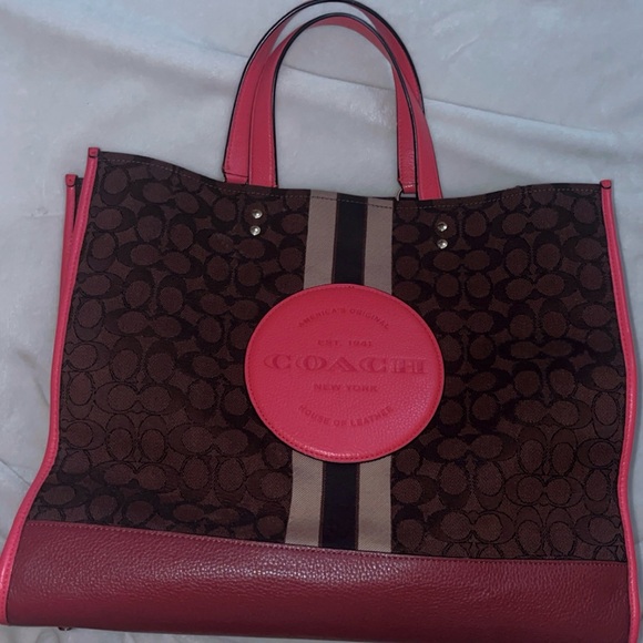 Coach Handbags - Coach Brown Signature Canvas Tote with Pink Trim